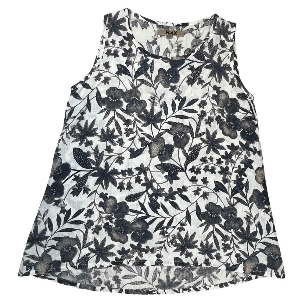 Flax Linen Tank Top Women's Sz S White Black Floral Sleeveless Tunic USA Made
